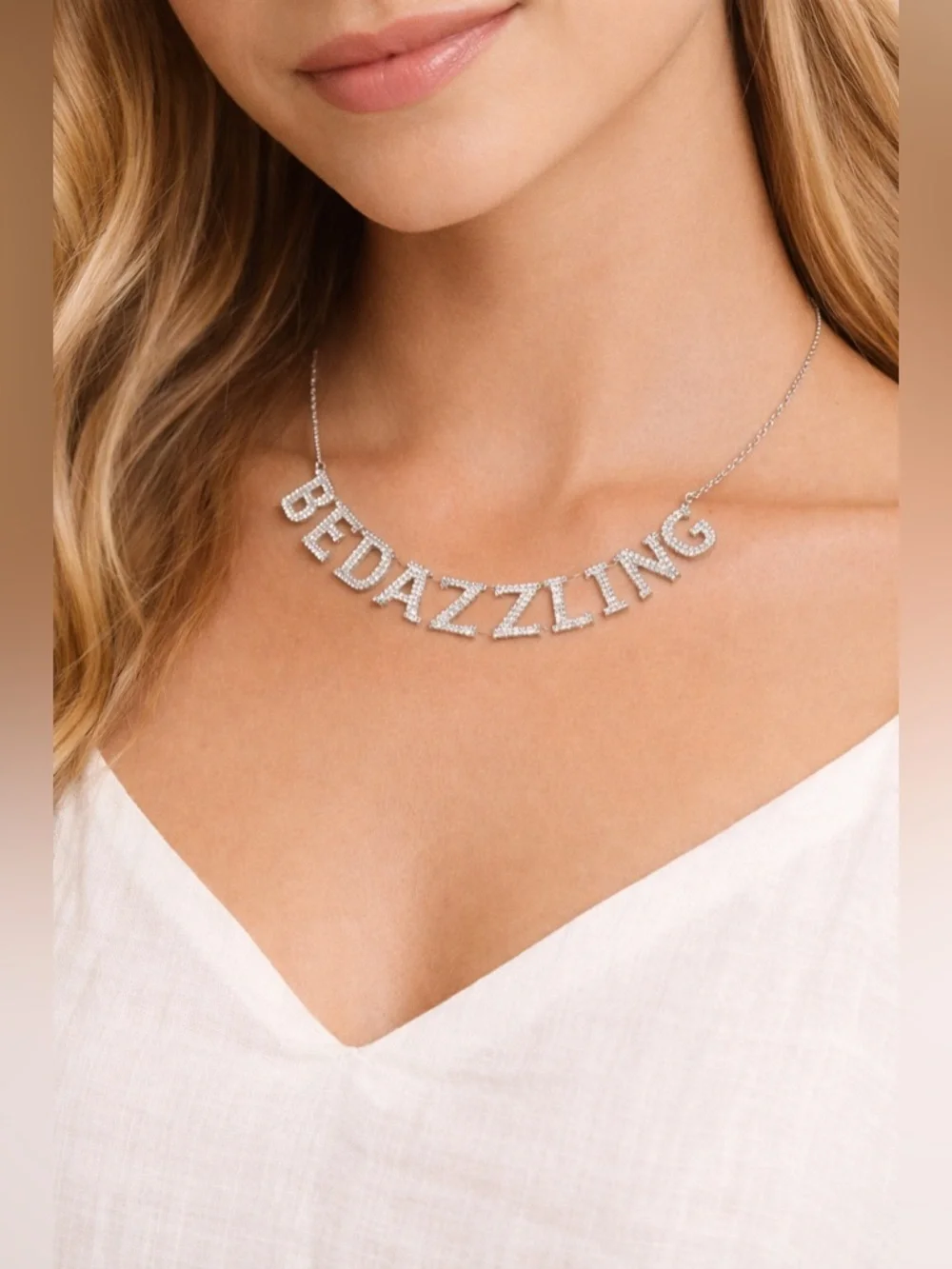 Kate Spade – Be Dazzling Crystal Necklace – Silver Tone Statement Script – OS